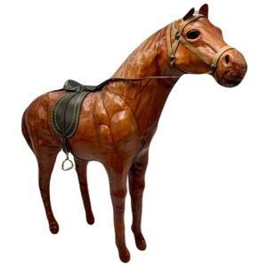 Leather Wrapped 15 x 13 in. Horse Figurine Statue - India - Glass Eyes, Vintage